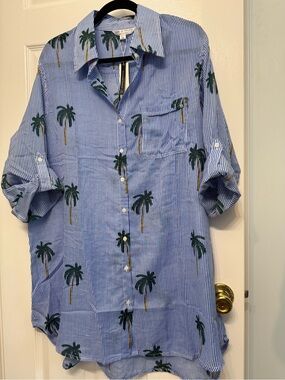 Live 4 Truth Light  Blue Striped Palm-Print Button-Up Cover Up Shirt -size 2x